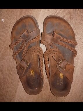 Brown Braided Suede Buckle Slide Sandals